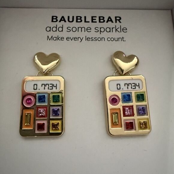 Baublebar Heart with Dangling Sparkle Calculator Earrings Math Teacher Gift New - Picture 2 of 3